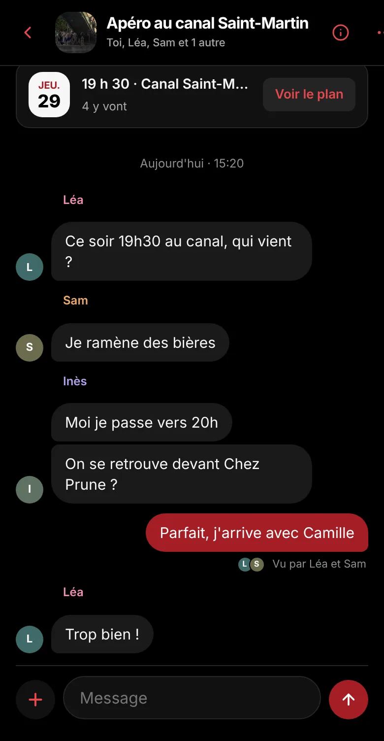 Le groupe de discussion d'un plan, avec le plan épinglé en haut