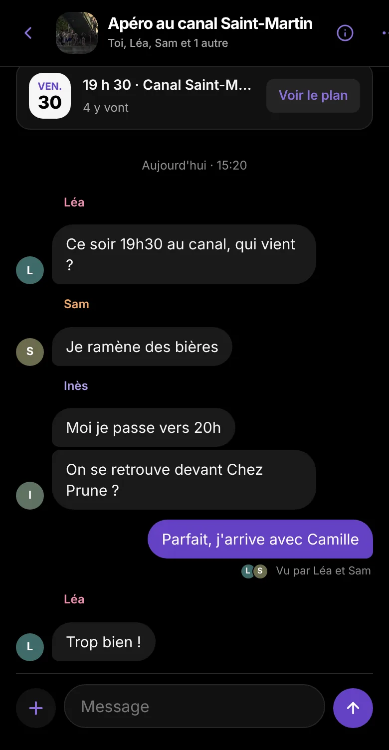 Le groupe de discussion d'un plan, avec le plan épinglé en haut